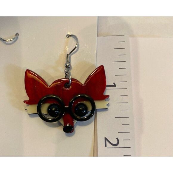 Earrings Red Fox w/ Eye Glasses Cartoon Dangle Whimsical Statement Cartoon FUN - Picture 5 of 7